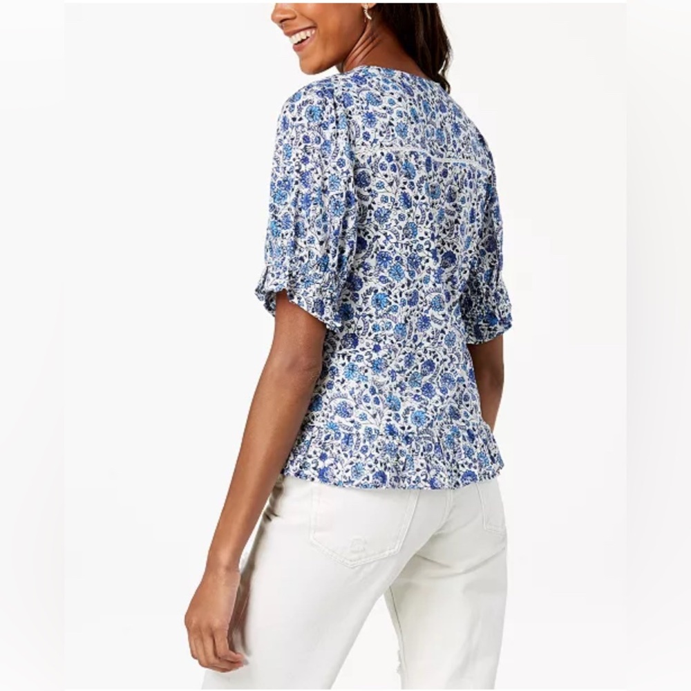 Lucky Brand Blue Floral Flowy Blouse Shirt Top Medium